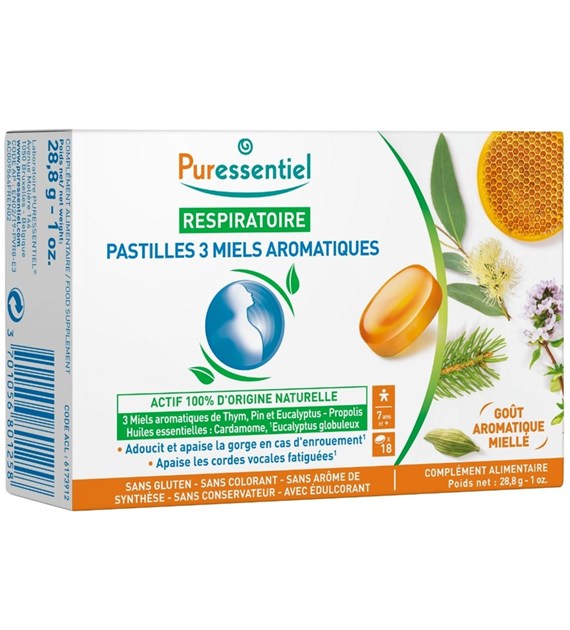 Puressentiel, Naturalne Pastylki na gardło z 3 aromatycznymi miodami, 18 szt.
