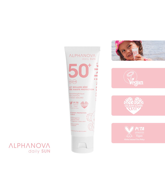 Alphanova Daily Sun, BEBE, mleczko do opalania SPF50+, wrażliwa skóra, 50 ml