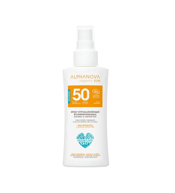 Alphanova Sun Bio, Spray z filtrem SPF50, wersja podróżna, 90g