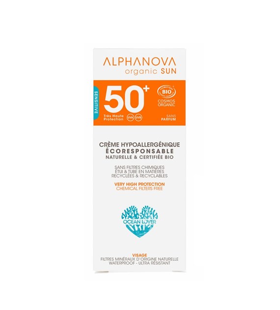 Alphanova Sun Bio, Krem przeciwsłoneczny, hipoalergiczny, wodoodporny, filtr SPF50, 50g