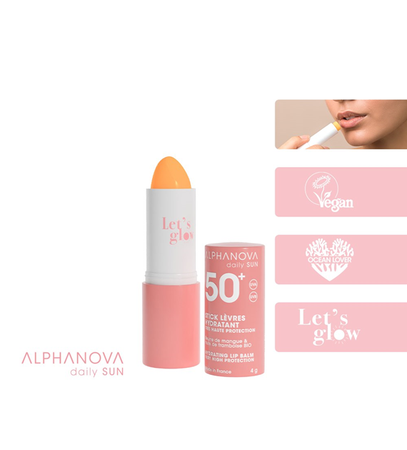 Alphanova Daily Sun, Glow, pomadka do ust z filtrem SPF50+, 4g