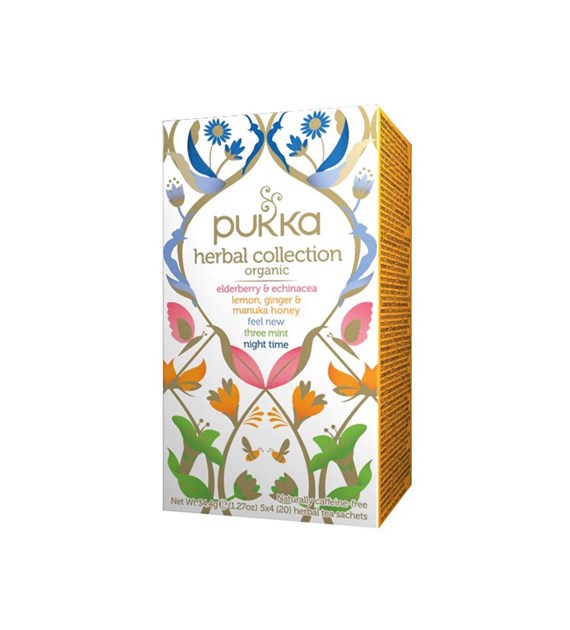 PUKKA, Herbata Herbal Collection, 4 x 5 rodzajów (Elderberry & echinacea, Lemon, ginger & manuka honey, Night time, Three mint, Detox)