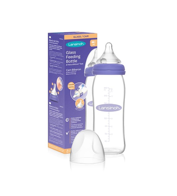 Lansinoh, mOmma, Szklana butelka ze smoczkiem o średnim przepływie Natural Wave, 240 ml