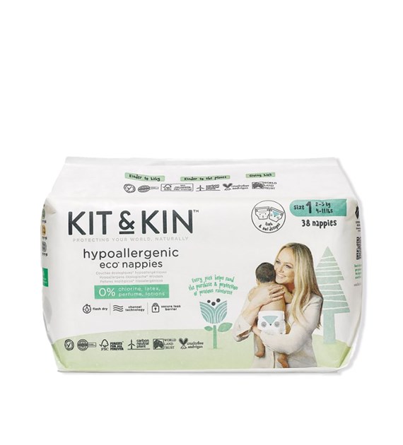 Kit & Kin, Pieluszki Jednorazowe 1 Mini (2-5 kg), Owieczka/Sówka, 38 szt.