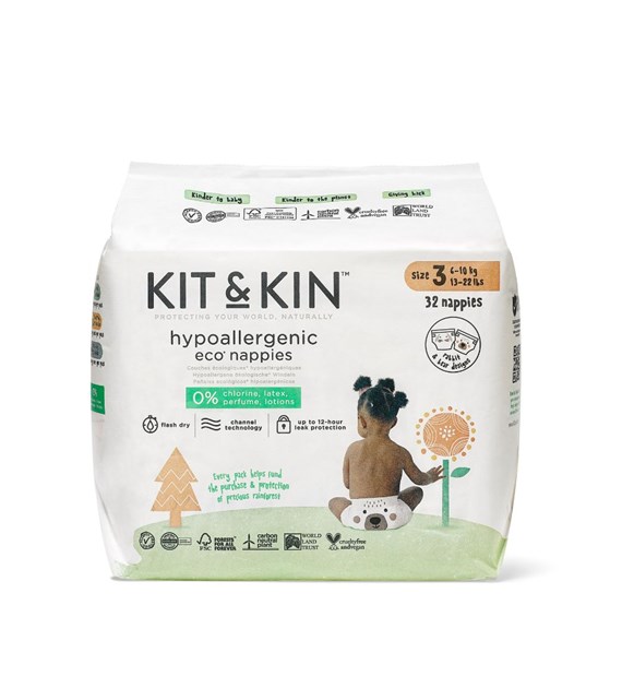 Kit & Kin, Pieluszki Jednorazowe 3 Maxi (6-10 kg), Miś/Króliczek, 32 szt.