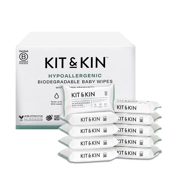 Kit and Kin, Chusteczki nawilżane dla dzieci, KARTON 600 szt. (10 op. po 60 szt.)