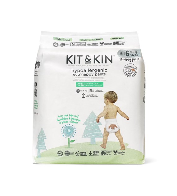 Kit & Kin, Pieluchomajtki Nappy Pants 6 XL (12-17 kg), Jeżyk/Szop, 18 szt.