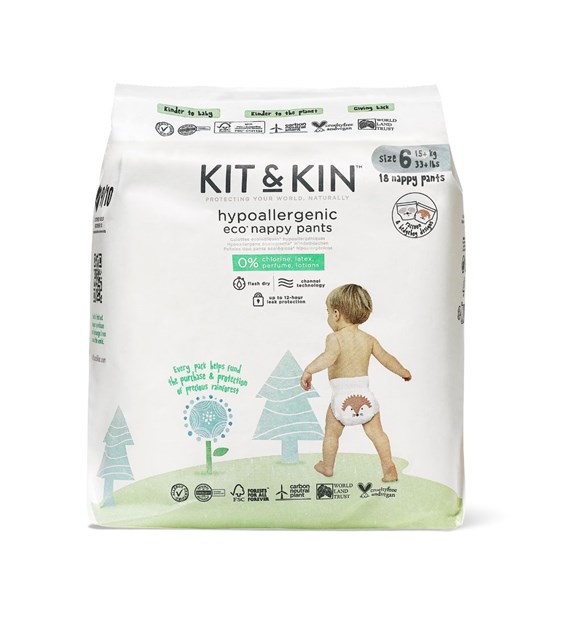 Kit and Kin, Pieluchomajtki Nappy Pants 6 XL (12-17kg), Hedgehog/Racoon, 18 szt.