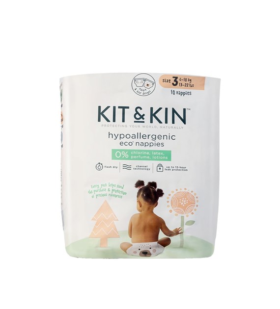 Kit & Kin, Pieluszki jednorazowe 3 Maxi (6-10 kg), Miś/Króliczek, ZESTAW TESTOWY, 10 szt.