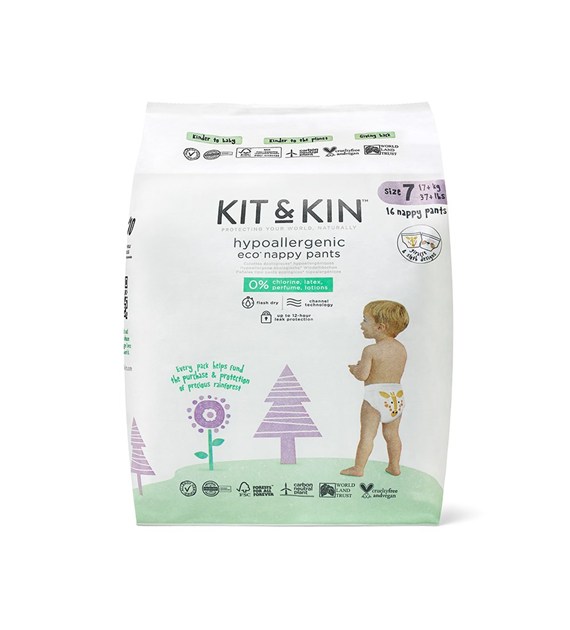 Kit & Kin, Pieluchomajtki Nappy Pants 7 XXL (17 kg+), Żyrafa/Leniwiec, 16 szt.