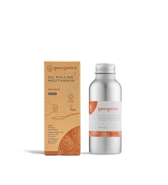 Georganics, Olej do płukania jamy ustnej, z naturalnym składem, do codziennej pielęgnacji, smak pomarańczowy, 100 ml