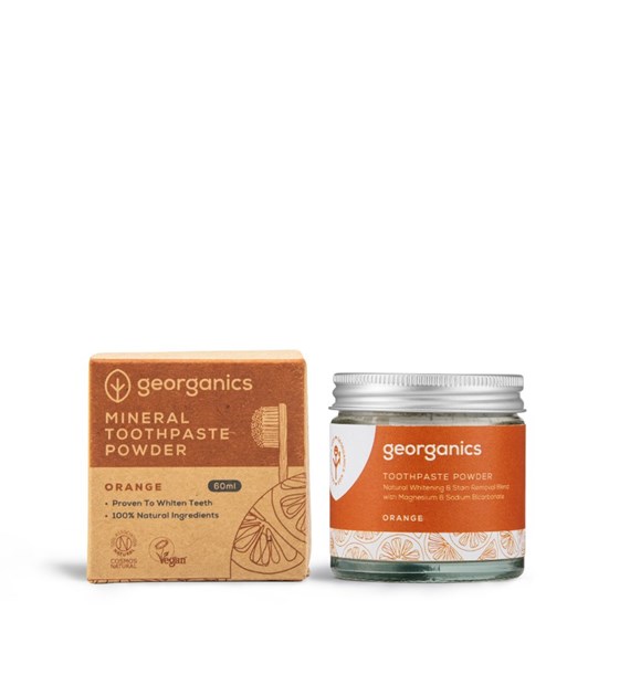 Georganics, Mineralny proszek do mycia zębów z naturalnym składem, do codziennej pielęgnacji, smak pomarańczowy, 60 ml