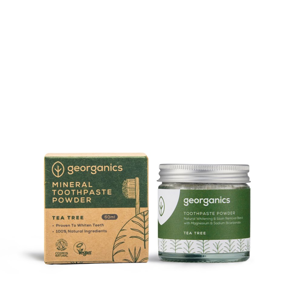 Georganics, Mineralny proszek do mycia zębów, z naturalnym składem, do codziennej pielęgnacji, smak drzewa herbacianego, 60 ml
