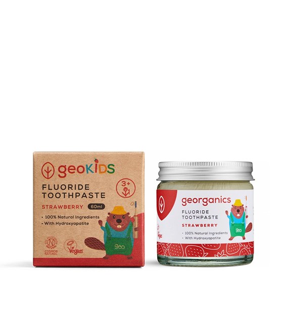 Georganics, Naturalna pasta do zębów w słoiku, dla dzieci, z fluorem, do codziennej pielęgnacji, smak truskawkowy, 3+, 60 ml
