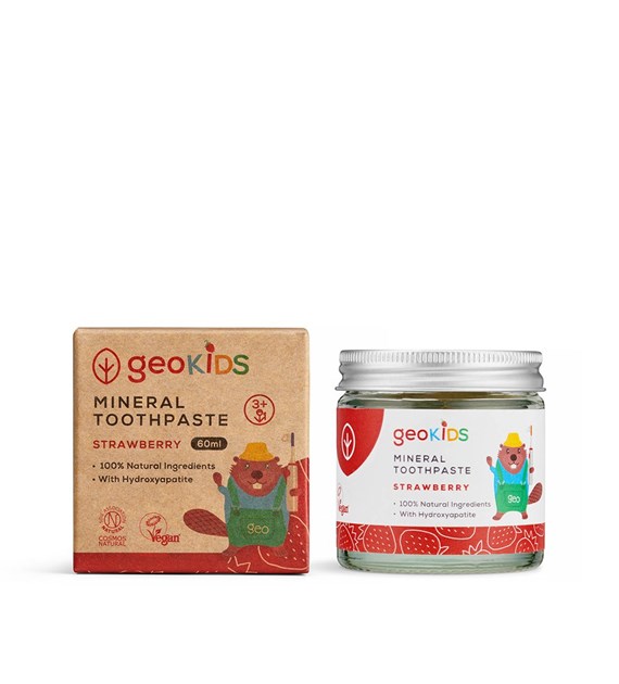 Georganics, GeoKids, Mineralna pasta do zębów w słoiku, dla dzieci, bez fluoru, smak truskawkowy, 3+, 60 ml
