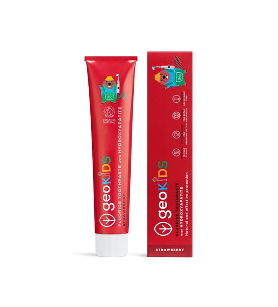 Georganics, GeoKids, Naturalna pasta do zębów dla dzieci, z Hydroksyapatytem i Fluorem, Smak truskawkowy, 3+, 75 ml