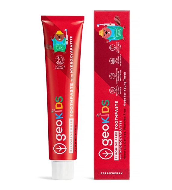 Georganics, GeoKids, Naturalna pasta do zębów dla dzieci, z Hydroksyapatytem, bez fluoru, Smak truskawkowy, 6m+, 75 ml