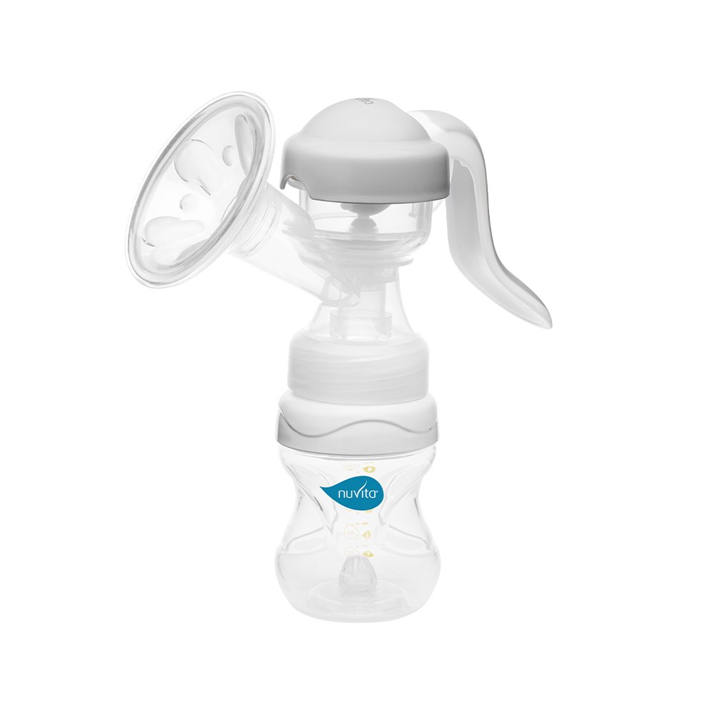 Nuvita, Materno Twist, Laktator ręczny dwufazowy z obrotową rączka 270°, Szary + butelka 150ml