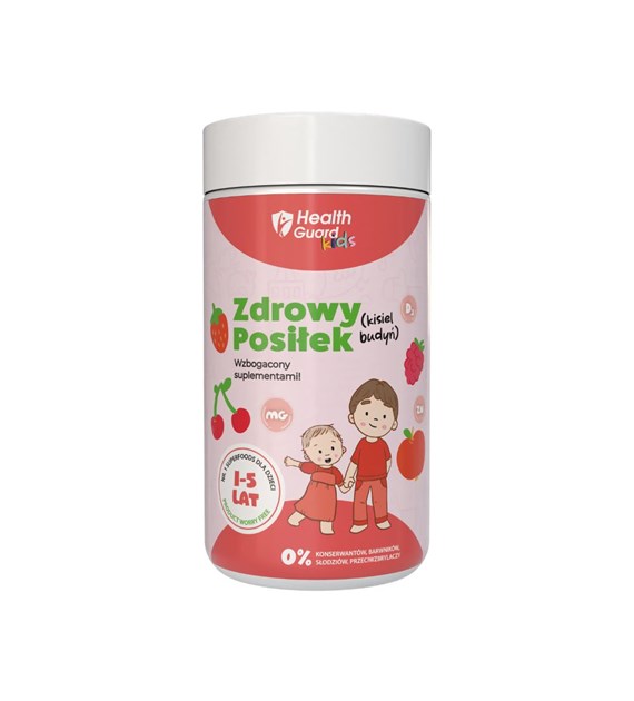 Health Guard Kids: Zdrowy Posiłek - wzbogacony suplementami - TRUSKAWKA, 500g, kisiel/budyń, (skład: KUZU, SUPERFOODS, WITAMINA D3, MAGNEZ, CYNK)