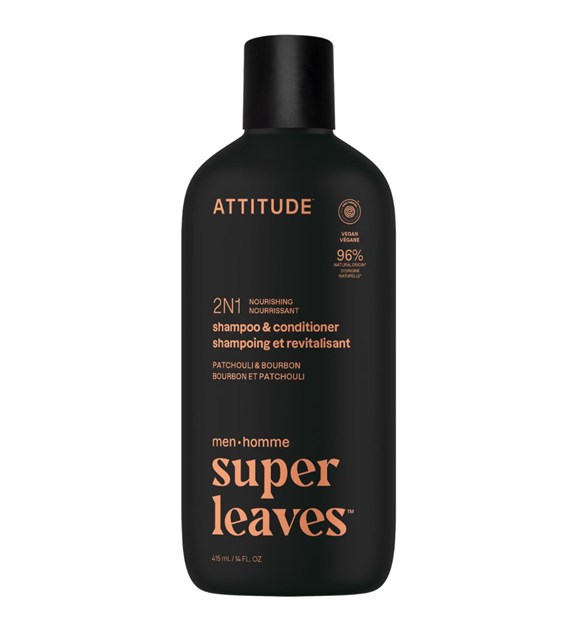 Attitude SUPER LEAVES,  Szampon i odżywka do włosów 2w1 dla mężczyzn, odżywcze  - Paczula i bourbon, 415 ml