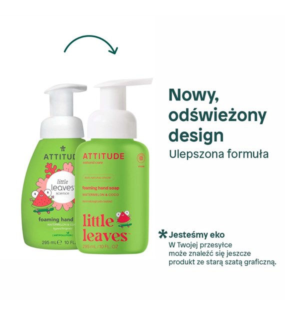 Attitude SUPER LEAVES™, Mydło w piance do rąk dla dzieci o zapachu arbuza i kokosa, 295 ml