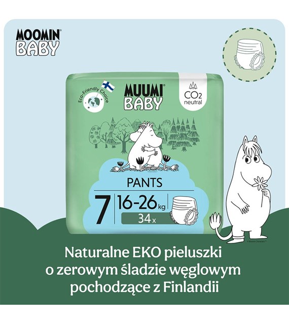 Muumi Baby, Pieluchomajtki ekologiczne dla dzieci, rozmiar 7 (16-26 kg), 34 szt.