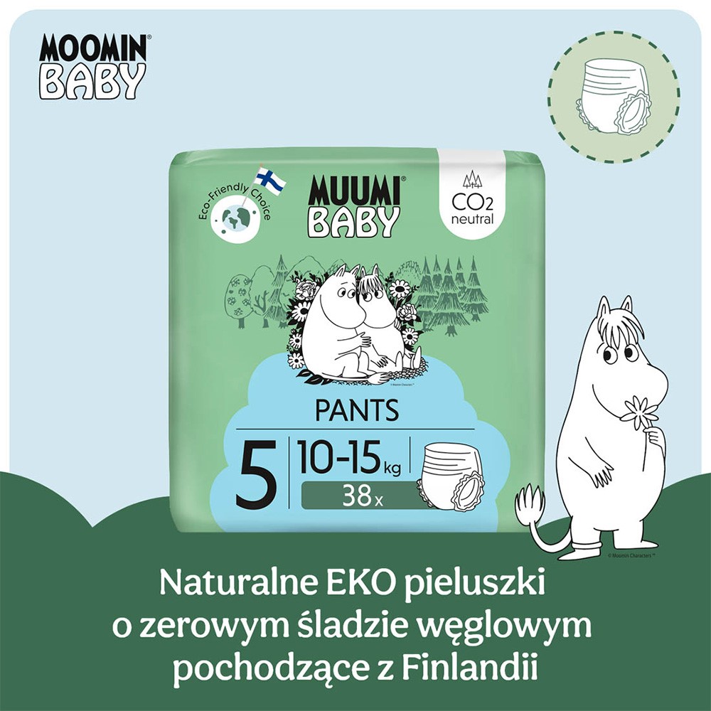 Muumi Baby, Jednorazowe pieluchomajtki ekologiczne dla dzieci, rozmiar 5 (10-15kg), 38 szt.