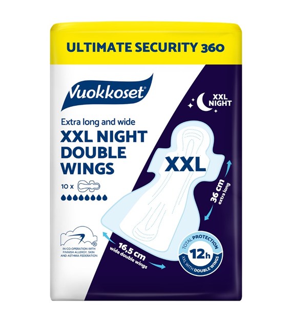 Vuokkoset, NIGHT WINGS, Podpaski na noc z podwójnymi skrzydełkami, opakowanie XXL, 10 szt.