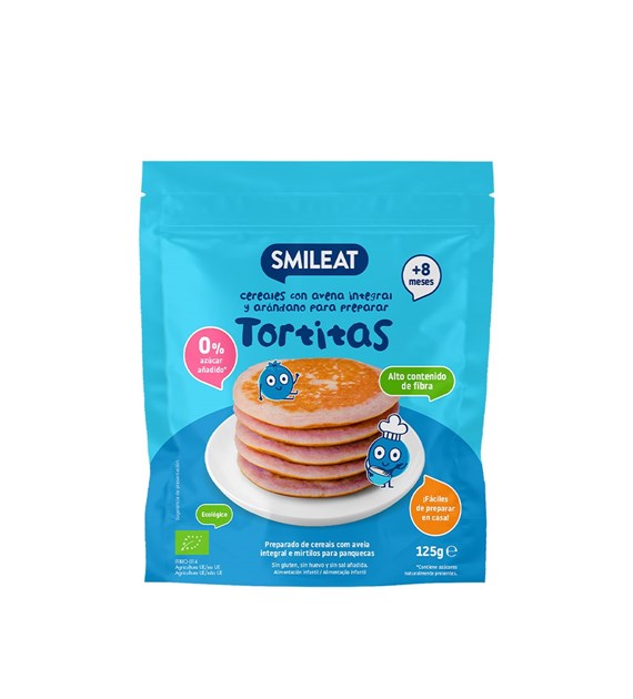 Smileat, BIO Tortitas, Mieszanka z pełnoziarnistych płatków owsianych i jagód do naleśników , +8m, 125g