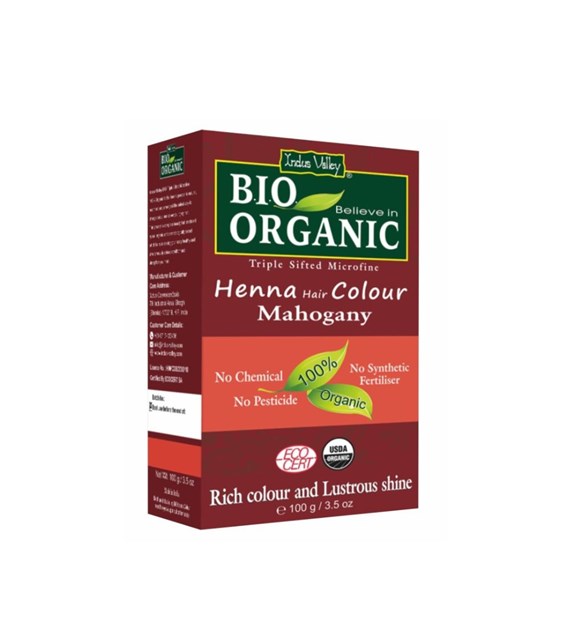 Indus Valley, Henna - farba do włosów na bazie henny, MAHOŃ, w 100% ekologiczna, vege, 100 g