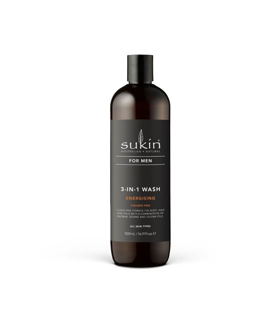 Sukin, FOR MEN, Energetyzujący żel do mycia ciała i włosów 3 w 1 dla mężczyzn, 500 ml